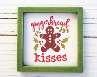 Gingerbread Kisses Sign, Tiered Tray Decor, Gingerbread Decor, Miniature Gingerbread Man Sign, Small Christmas Decor, Miniature Framed Sign