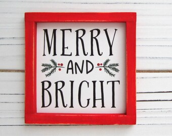 Christmas Sign, Merry & Bright, Tiered Tray Miniature Sign, Small Christmas Decor, Miniature Framed Sign, Farmhouse Christmas Sign