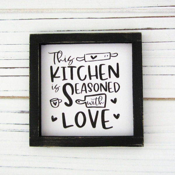 Kitchen Sign, Tiered Tray Decor, This Kitchen Seasoned With Love, Tiered Tray Sign, Mini Kitchen Decor, Small Kitchen Sign, Mini Home decor