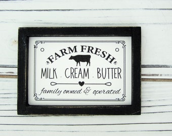 Farm Fresh Sign, Tiered Tray Decor, Miniature Wood Framed Sign, Home Decor, Small Home Sign, Farm Fresh Milk Cream Butter Sign, Rustic Decor