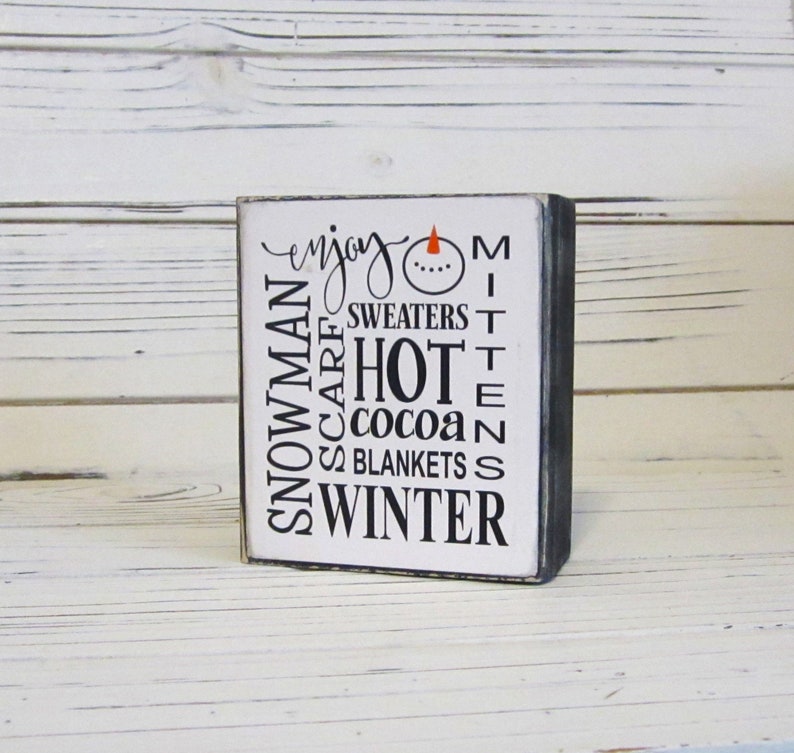 Winter Chunky Wood Block Sign, Winter Tiered Tray, Winter Shelf Sitter, Snowman, Mittens, Hot Cocoa, Winter Subway Sign, Unframed, Winter image 2