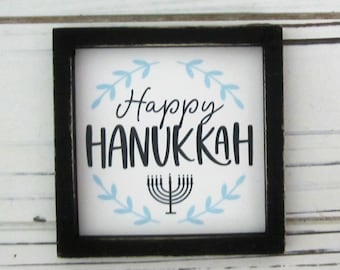 Happy Hanukkah Sign, Chanukah Decor, Festival of Lights, Menorah, Miniature Tiered Tray Sign, Framed Sign, Star of David, Tiered Tray Decor