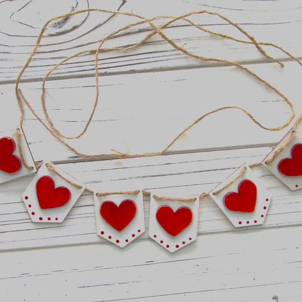 Miniature Heart Garland For Tiered Tray, Valentine Banner, Red Hearts, Mini Heart Banner, Heart Decor For Tiered Tray, Mini Heart Garland