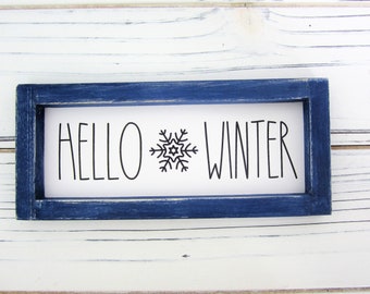 Hello Winter Sign, Winter Tiered Tray Sign, Snowflake Decor, Winter Decor, Farmhouse Sign, Miniature Wood Framed Sign, Small Winter Sign