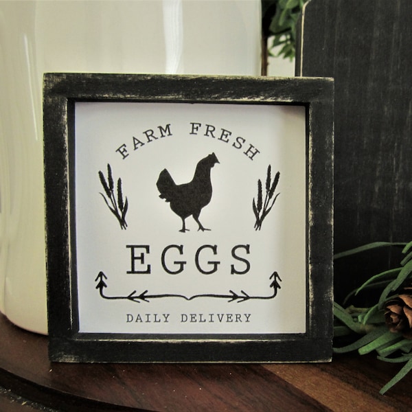 Miniature Farm Fresh Eggs Sign, Tiered Tray Decor, Mini Egg Sign, Vintage Look, Rustic Farmhouse Sign, Chicken Sign, Distressed Sign