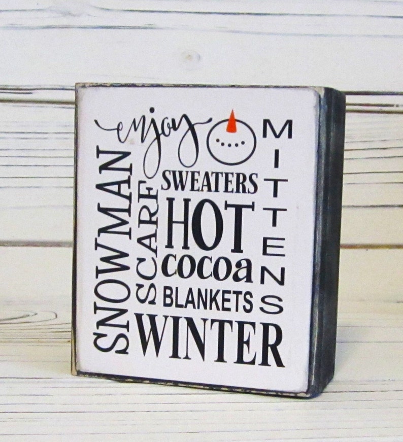 Winter Chunky Wood Block Sign, Winter Tiered Tray, Winter Shelf Sitter, Snowman, Mittens, Hot Cocoa, Winter Subway Sign, Unframed, Winter image 4