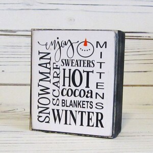 Winter Chunky Wood Block Sign, Winter Tiered Tray, Winter Shelf Sitter, Snowman, Mittens, Hot Cocoa, Winter Subway Sign, Unframed, Winter image 1