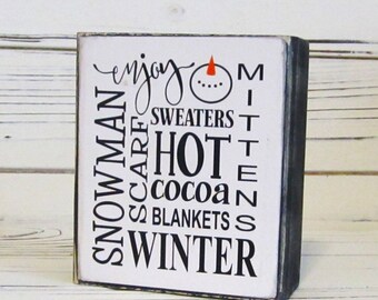 Winter Chunky Wood Block Sign, Winter Tiered Tray, Winter Shelf Sitter, Snowman, Mittens, Hot Cocoa, Winter Subway Sign, Unframed, Winter