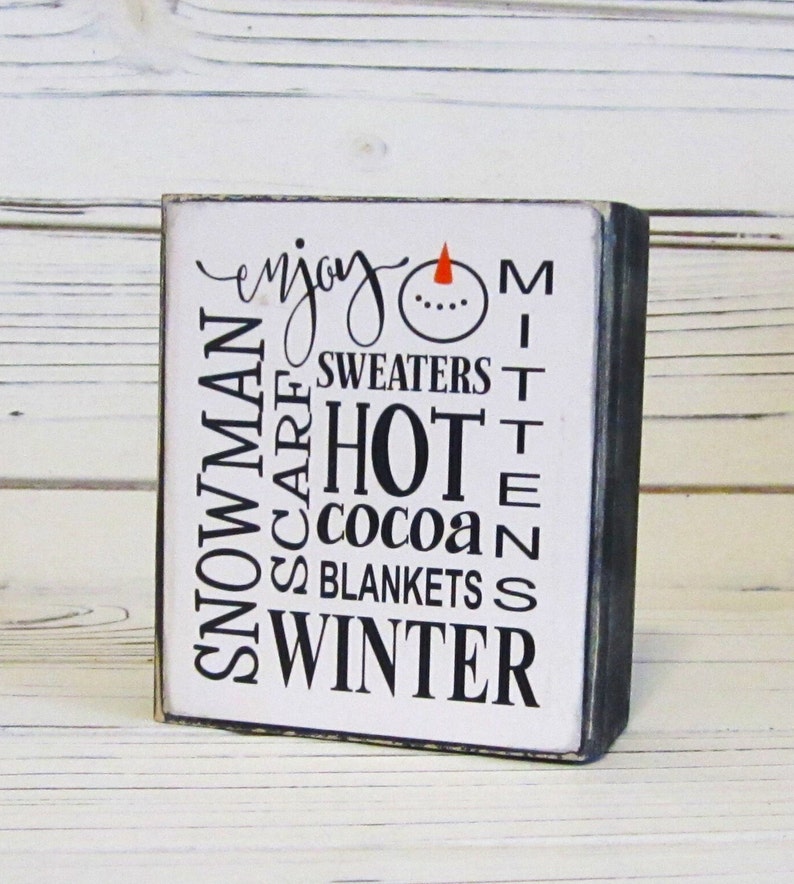 Winter Chunky Wood Block Sign, Winter Tiered Tray, Winter Shelf Sitter, Snowman, Mittens, Hot Cocoa, Winter Subway Sign, Unframed, Winter image 1