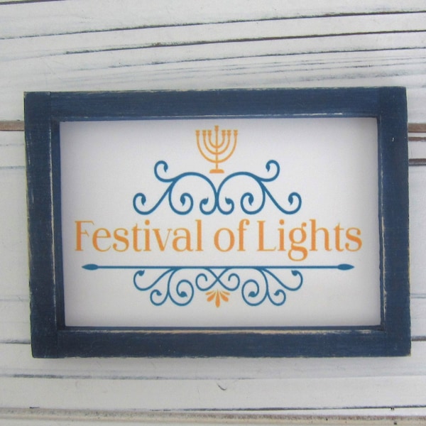 Happy Hanukkah Sign, Festival Of Lights Sign, Chanukah Decor, Miniature Framed Sign, Star of David, Menorah, Tiered Tray Decor, Small Sign