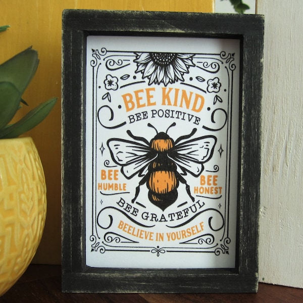 Honey Bee Sign, Tiered Tray Decor, Miniature Framed Sign, Bee Kind Collage Sign, Mini Honey Bee Sign, Small Farmhouse Decor, Bee Decor