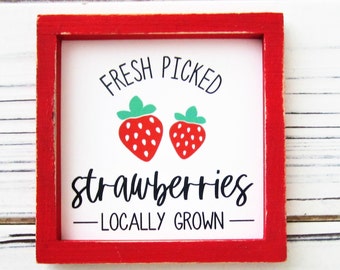 Farm Fresh Strawberries Sign, Tiered Tray Sign, Strawberry Decor, Tiered Tray Decor, Mini Wood Framed Sign, Pick Your Own Strawberries Sign