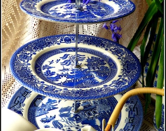 Churchill's famous "Blue Willow" pattern handmade three tier cake stand made of vintage large sized plates - impressive look bigger capacity