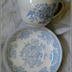 May include: A white teacup and saucer set with a blue floral and bird pattern. The cup has a handle and the saucer is round. The design includes flowers and a bird, with a delicate blue trim.