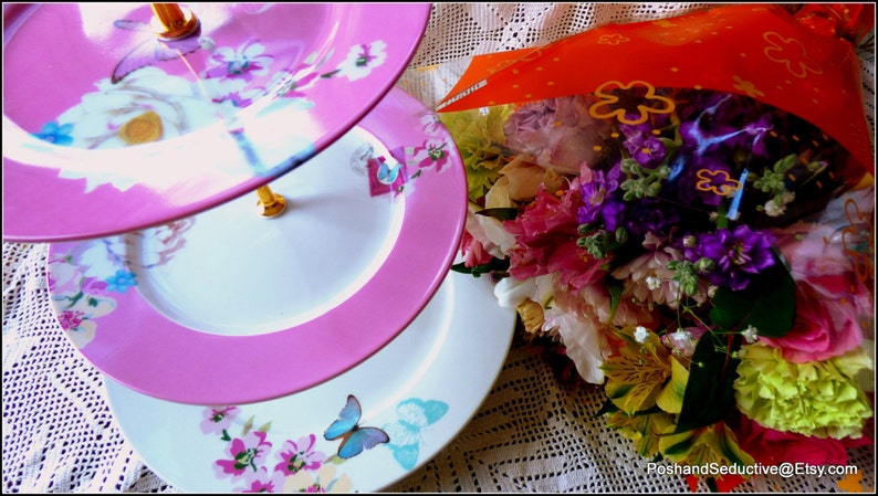 chic glorious pink with rich floral pattern of exotic white lotus apple blossom Three tier handmade Easter Egg display cake stand peony