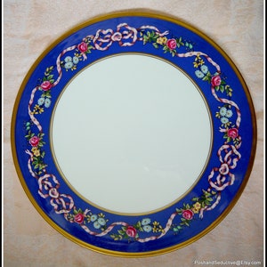 Gateau serving plate RIBBONS & ROSES Spode&#39;s pattern 11&quot; Wedding cake plate floral wreath against cobalt blue gold rim afternoon tea tray