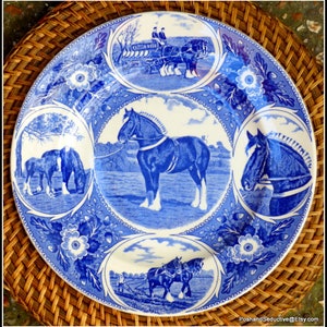 Equestrian vintage commemorative shire horse official collectible, display cabinet cobalt blue plate by Weatherby & Sons Hanley England