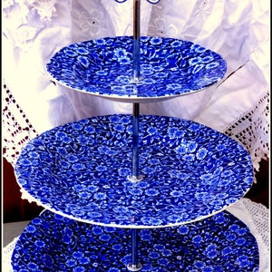 Burleigh china graduated plates of Blue Calico stunning pattern cake stand an exquisite Victorian afternoon tea centrepiece, precious gift image 2