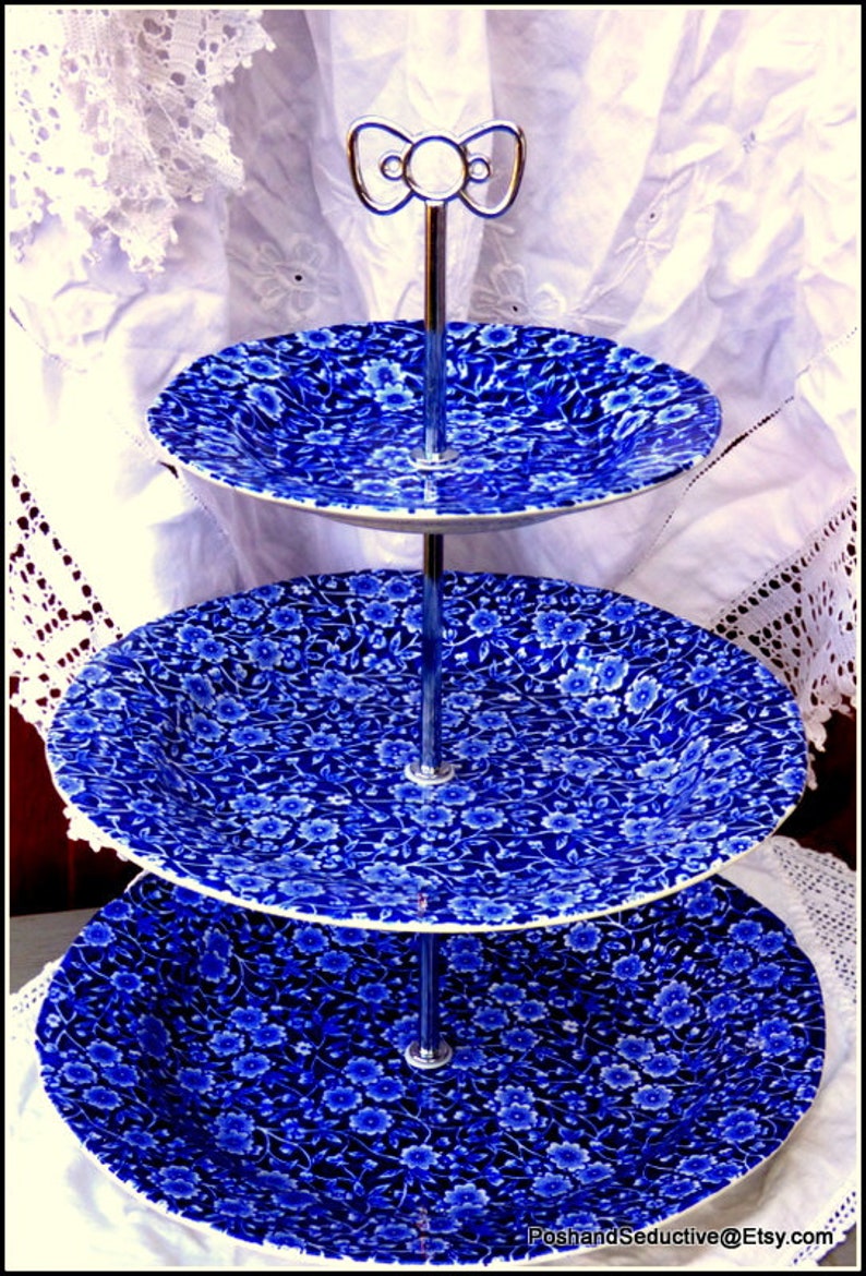 Burleigh china graduated plates of Blue Calico stunning pattern cake stand an exquisite Victorian afternoon tea centrepiece, precious gift image 2