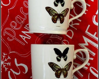 Butterfly tea cups coffee mugs pair M&S countryside cottage replacement china vintage British retail sentimental white gift fine bone china