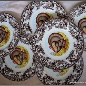 Spode Woodland Serie sechs Essteller TURKEY Muster braun Englisch Transferware Vitrine Porzellan feminin ikonisch Blumenrand Kranz