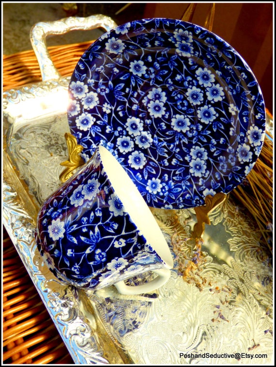 Tea Coffee Cup Saucer Vintage Blue Calico Burleign Cobalt Blue