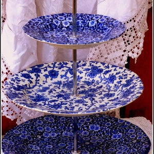 Burleigh china graduated plates combination of Blue Calico & Arden rich pattern cake stand an exquisite Victorian afternoon tea centrepiece