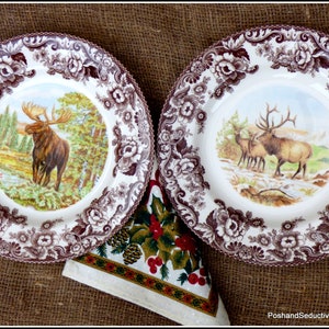 Puede incluir: Dos platos de cena de cerámica marrón y blanco con diseños florales. Un plato presenta un alce en una escena de bosque, el otro presenta un alce en una escena de prado.