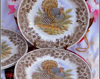 Thanksgiving Turkey Churchill Wildlife vintage transferware dinner plate , festive dining, Christmas pattern, Myott iconic copper engravings