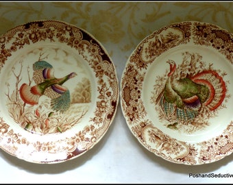 Johnson Brothers Wild Turkeys series Windsor ware brown transferware cabinet dinner plates pair dining china - American pride pieces to own