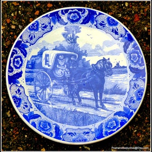 Royal Delft vintage 16&quot; hand painted wall hanging plate, cobalt blue & white shire horse carriage rural countryside scene, equestrian decor