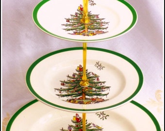 クリスマスツリー、3段の目盛り付きプレート、手作りケーキスタンド
