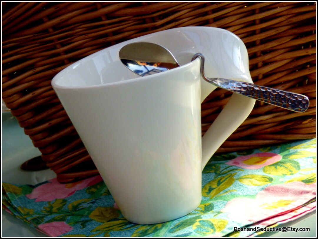 Cup and Hammered Bent Teaspoon, Original Posh Tealover's Gift Set Villeroy  & Bosh Surrealism Art Fine Vintage Bone China, Cream Swirl Design 