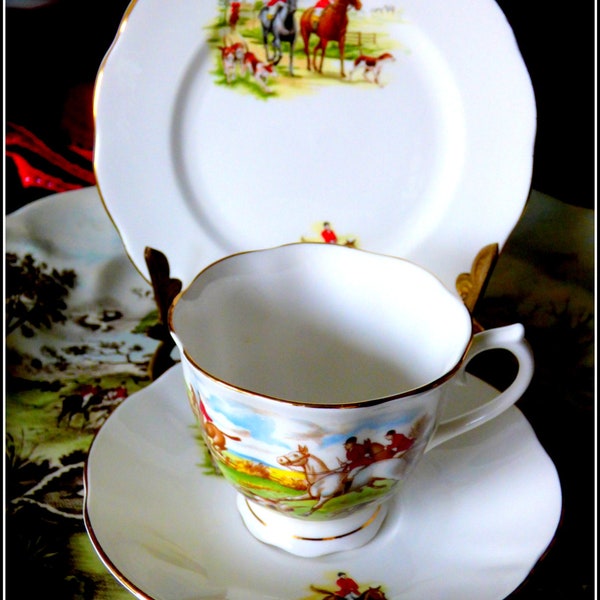 Equestrian china cup, saucer & plate foxhunting theme fine bone china tea trio service English Cotswold countryside scenes, horse, hounds