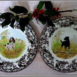 Op de afbeelding: Twee bruine en witte keramische borden met een bloemenmotief. Een bord heeft een zwart-witte illustratie van een hond, de andere heeft een bruin-witte illustratie van een hond.