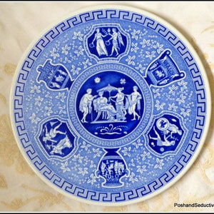 May include: A round, white and blue decorative plate with a Greek key border. The plate features a central medallion and surrounding vignettes depicting classical figures and scenes in white against a blue background. Floral and geometric patterns fill the spaces.