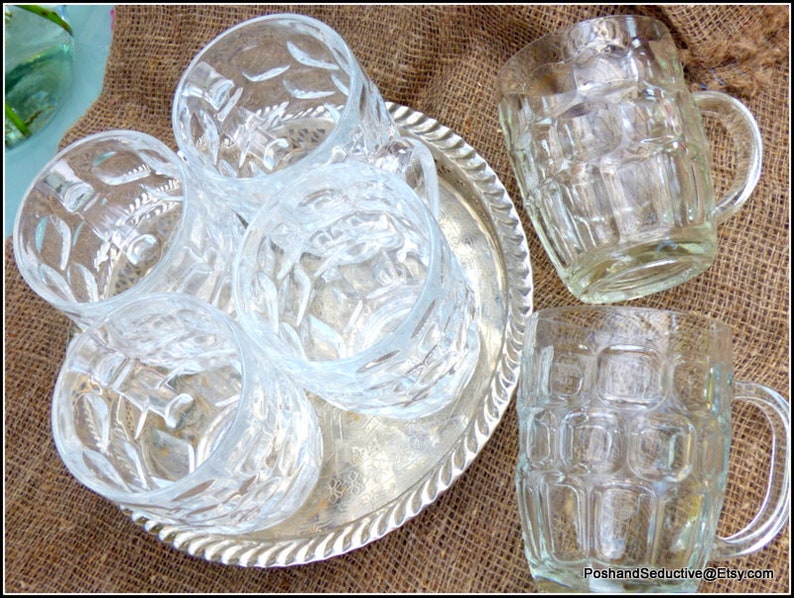 Vintage beer glasses set of 6 with handles, heavy solid glass 0.5L steins unique best man's gift, batchelor party striking collectible decor image 3