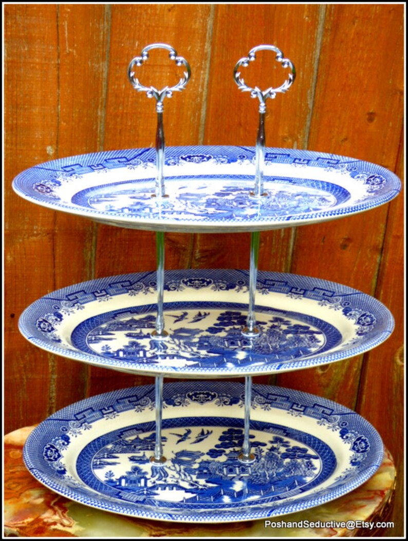 Blue Willow Three Tier Cake Stand Tiered Set of Large Etsy