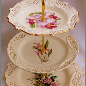 Three tier graduated floral plates handmade cake stand Royal Creamware, Crown Davenport limited edition certified English reticulated china