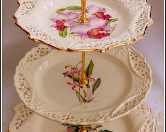 Drei-Tier abgestufte Blumenteller handgefertigte Tortenständer Royal Creamware, Crown Davenport Limited Edition zertifiziertes englisches retikuliertes Porzellan