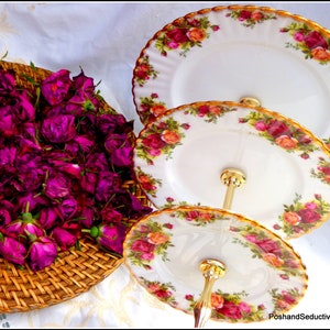 Royal Albert Old Country Roses floral china pattern three tier cake stand vintage graduated plates etagere afternoon tea chic china set