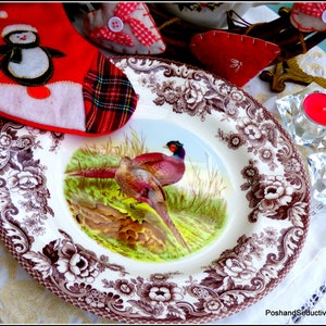 Spode Woodland series dinner plate 11&quot; brown English transferware PHEASANT pattern display china dish feminine iconic floral border wreath