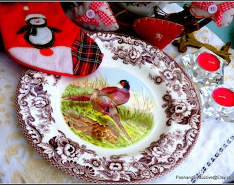 Spode Woodland series dinner plate 11" brown English transferware PHEASANT pattern display china dish feminine iconic floral border wreath