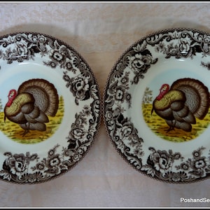 Spode Woodland series TURKEY dinner plate pair 11&quot; brown English transferware Thanksgiving Christmas pattern festive dinner table gift decor