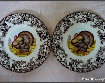 Spode Woodland Serie TURKEY Kuchenteller Paar 28 cm braun Englische Transferware Thanksgiving Weihnachten Muster festlicher Tisch Geschenk Dekor