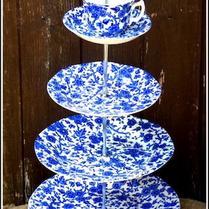 Burleigh china Blue Arden graduated plates four tier cake stand exquisite Victorian afternoon tea centrepiece, Mad Hatter cup saucer topper