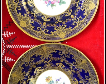 May include: Two blue and gold porcelain plates with floral designs. The plates have a white center with a floral design and a blue and gold rim.