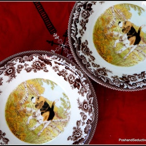 Spode Woodland deep soup/pasta bowls pair HUNTING DOGS brown transferware pattern display cabinet china feminine iconic floral border wreath
