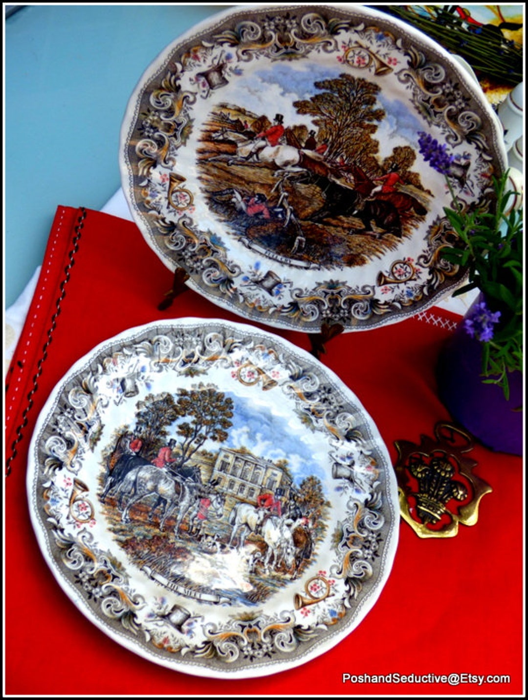 Fox Hunting China Dinner Plates Pair, Countryside English Scenes