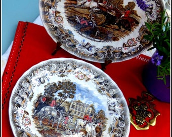 Fox Hunting China Dinner Plates Pair, Countryside English Scenes